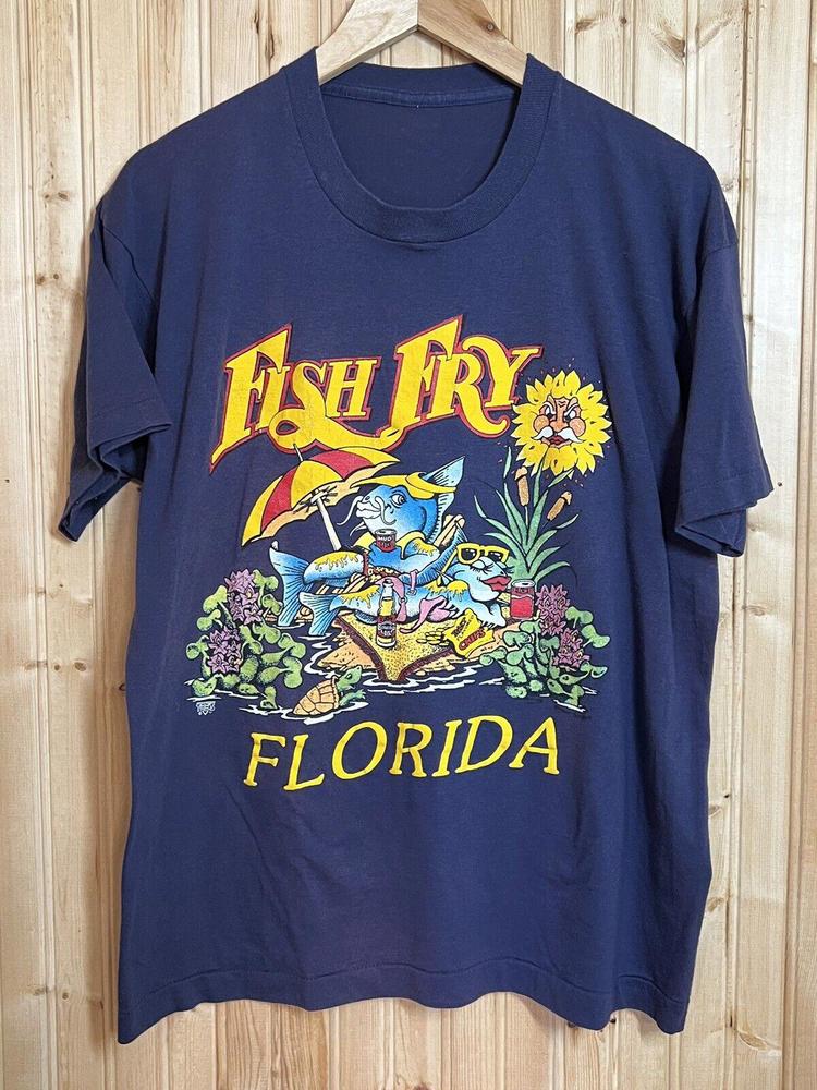 VTG Florida T Shirt Single Stitch Fish Fry Navy Blue Huge Graphic No Tag Fits L